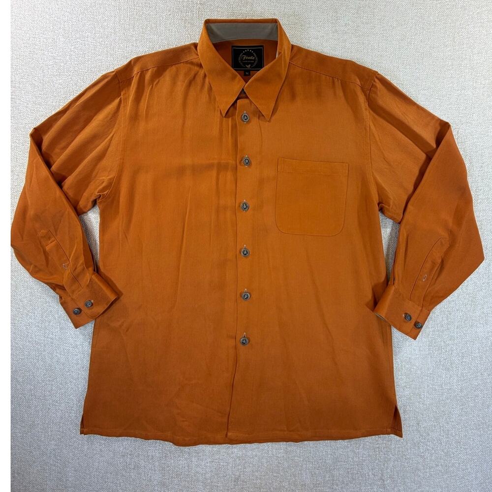Fonte Men M Western Orange Luxe Silk Blend Long Sleeve Button Front Dress Shirt